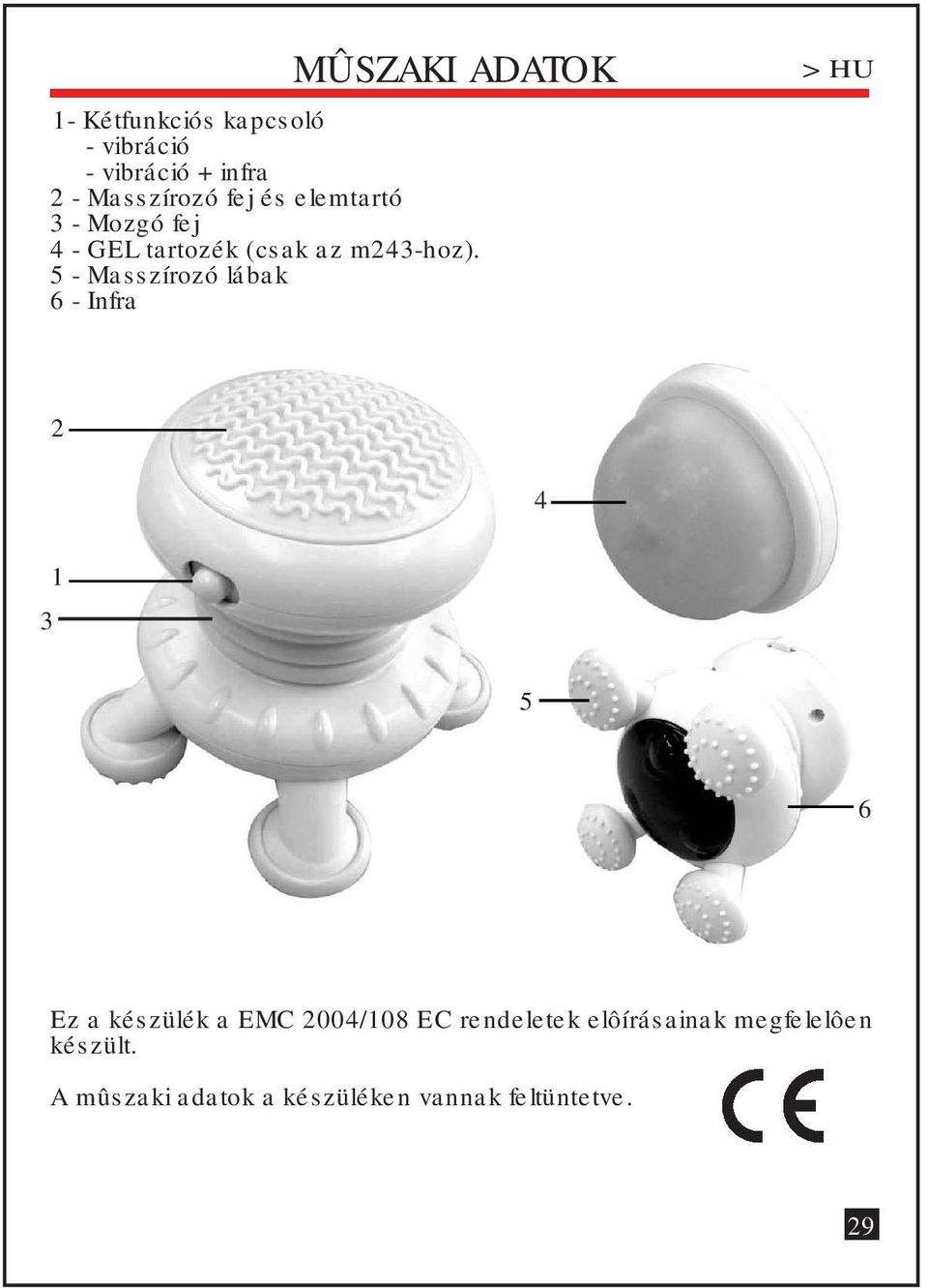 5 - Masszírozó lábak 6 - Infra 2 4 3 1 5 6 Ez a készülék a EMC 2004/108 EC