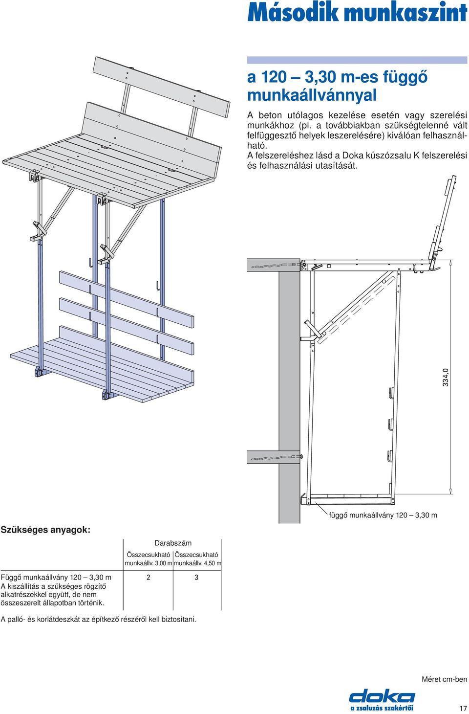 A felszereléshez lásd a Doka kúszózsalu K felszerelési és felhasználási utasítását. 334,0 Szükséges anyagok: Darabszám Összecsukható Összecsukható munkaállv.