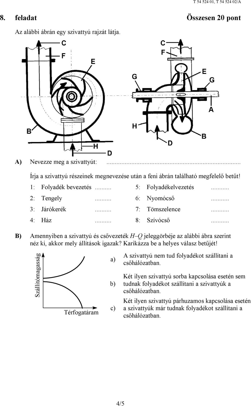 .. 7: Tömszelence... 4: Ház... 8: Szívócső... B) Amennyiben a szivattyú és csővezeték H Q jeleggörbéje az alábbi ábra szerint néz ki, akkor mely állítások igazak?