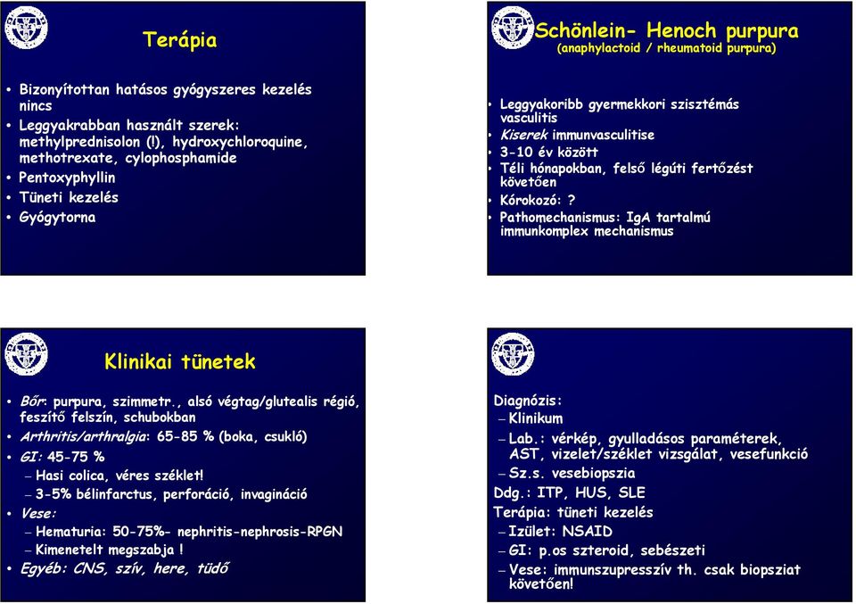 felső légúti fertőzést követően Kórokozó:? Pathomechanismus: IgA tartalmú immunkomplex mechanismus Klinikai tünetek Bőr: purpura, szimmetr.