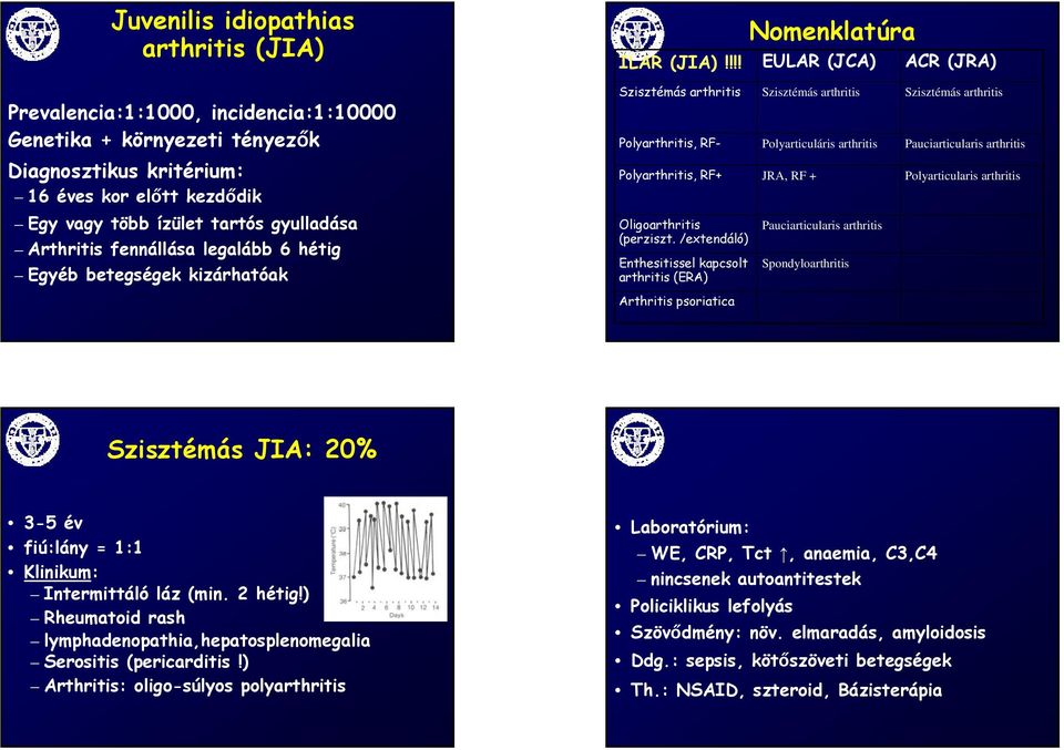 Szisztémás arthritis Pauciarticularis arthritis Diagnosztikus kritérium: 16 éves kor előtt kezdődik Polyarthritis, RF+ JRA, RF + Polyarticularis arthritis Egy vagy több ízület tartós gyulladása