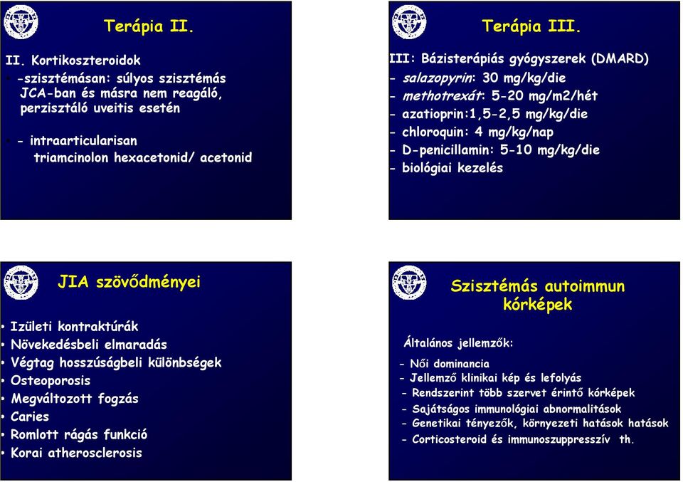 kezelés JIA szövődményei Izületi kontraktúrák Növekedésbeli elmaradás Végtag hosszúságbeli különbségek Osteoporosis Megváltozott fogzás Caries Romlott rágás funkció Korai atherosclerosis Szisztémás