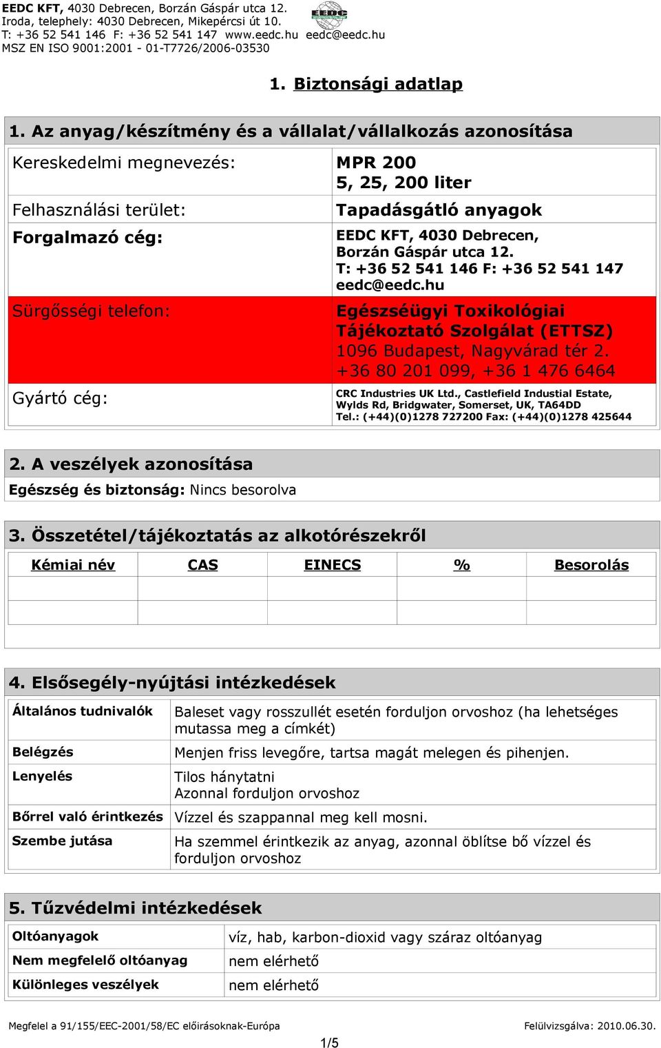 EEDC KFT, 4030 Debrecen, Borzán Gáspár utca 12. T: +36 52 541 146 F: +36 52 541 147 eedc@eedc.hu Egészséügyi Toxikológiai Tájékoztató Szolgálat (ETTSZ) 1096 Budapest, Nagyvárad tér 2.