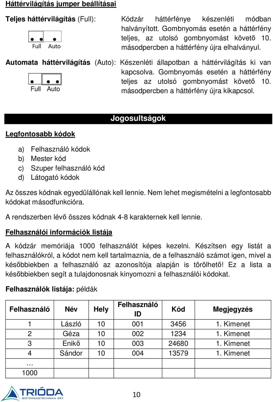 Gombnyomás esetén a háttérfény teljes az utolsó gombnyomást követő 10. Full Auto másodpercben a háttérfény újra kikapcsol.