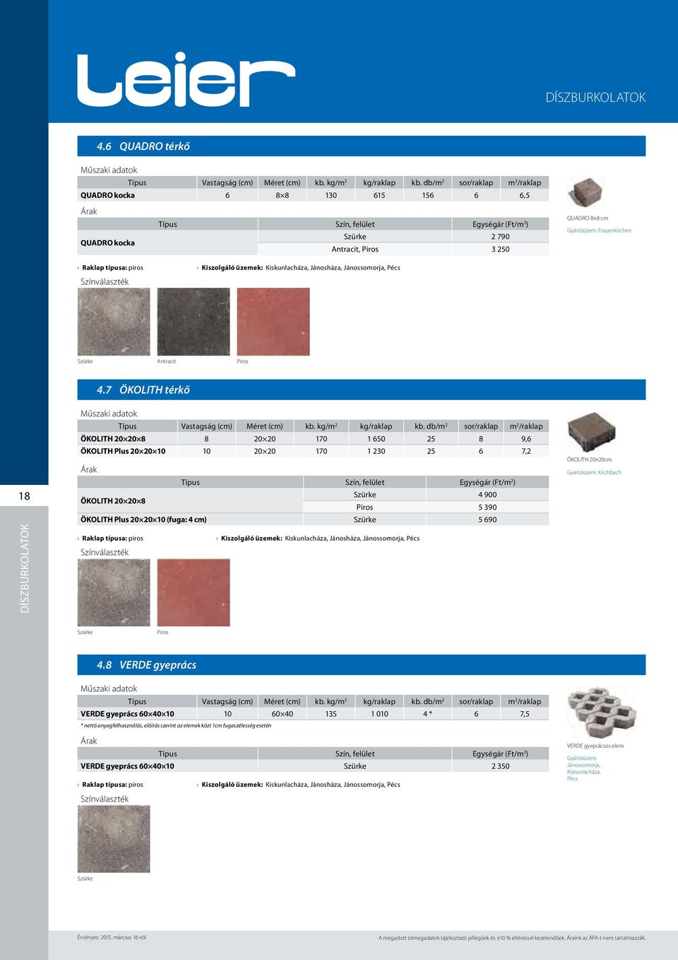 Kiskunlacháza, Jánosháza, Jánossomorja, Pécs Szürke Antracit Piros 18 4.7 ÖKOLITH térkő Típus Vastagság (cm) Méret (cm) kb. kg/m 2 kg/raklap kb.