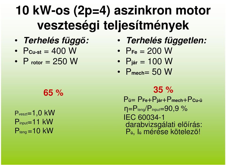 Pmech= 50 W 65 % Pveszt=1,0 kw Pinput=11 kw Pteng =10 kw 35 % Pü=