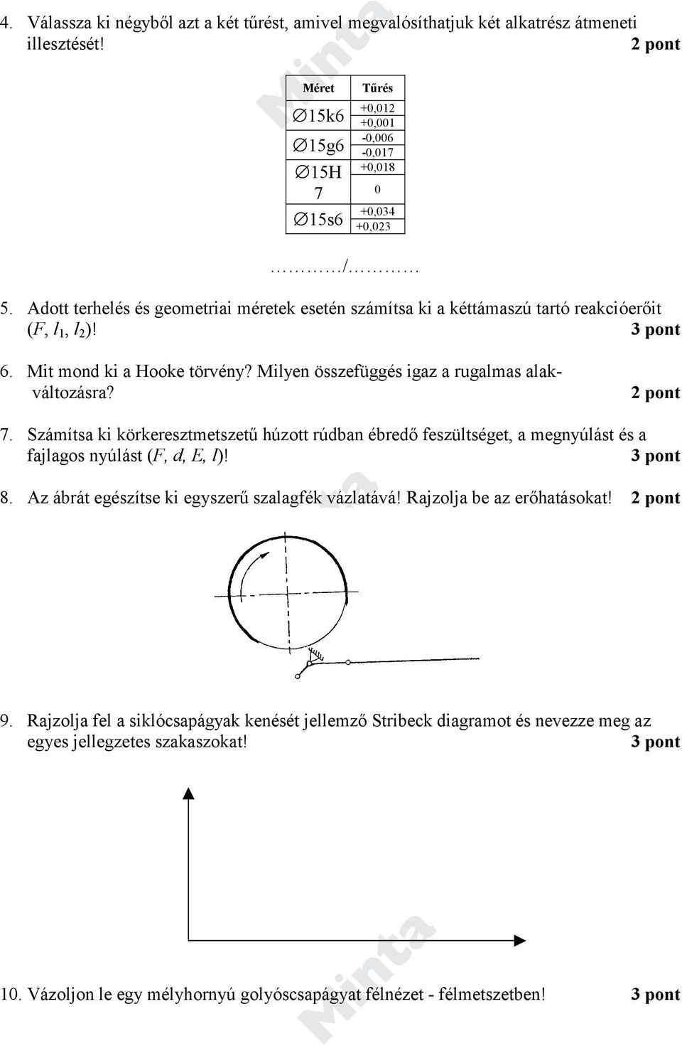 2 pont 7. Számítsa ki körkeresztmetszetű húzott rúdban ébredő feszültséget, a megnyúlást és a fajlagos nyúlást (F, d, E, l)! 3 pont 8. Az ábrát egészítse ki egyszerű szalagfék vázlatává!