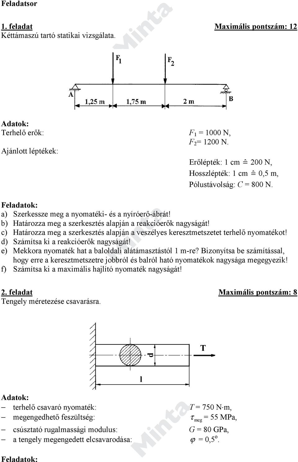 b) Határozza meg a szerkesztés alapján a reakcióerők nagyságát! c) Határozza meg a szerkesztés alapján a veszélyes keresztmetszetet terhelő nyomatékot! d) Számítsa ki a reakcióerők nagyságát!