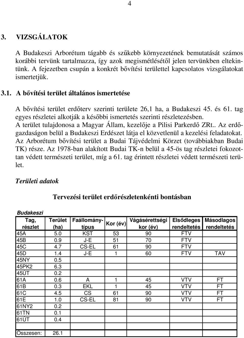 A bıvítési terület általános ismertetése Területi adatok Tervezési terület erdırészletenkénti bontásban Budakeszi Tag, részlet A bıvítési terület erdıterv szerinti területe 26,1 ha, a Budakeszi 45.