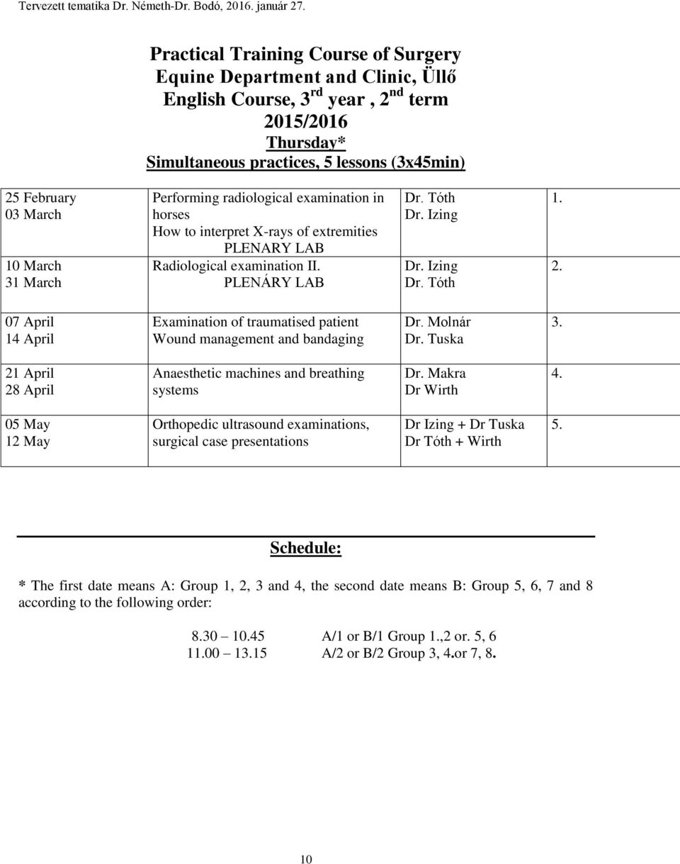 07 April 14 April Examination of traumatised patient Wound management and bandaging Dr. Molnár Dr. Tuska 3. 21 April 28 April Anaesthetic machines and breathing systems Dr. Makra Dr Wirth 4.