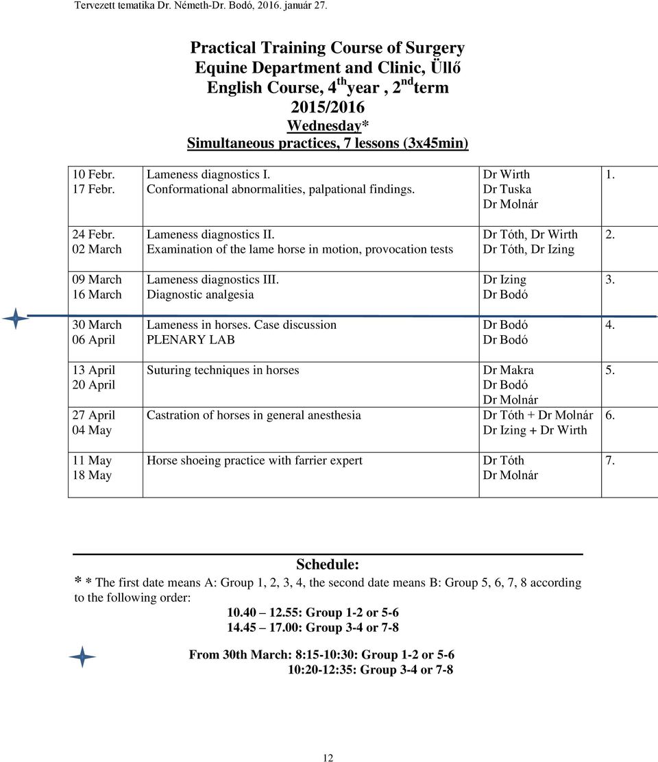 Examination of the lame horse in motion, provocation tests Dr Tóth, Dr Wirth Dr Tóth, Dr Izing 2. 09 March 16 March Lameness diagnostics III. Diagnostic analgesia Dr Izing 3.