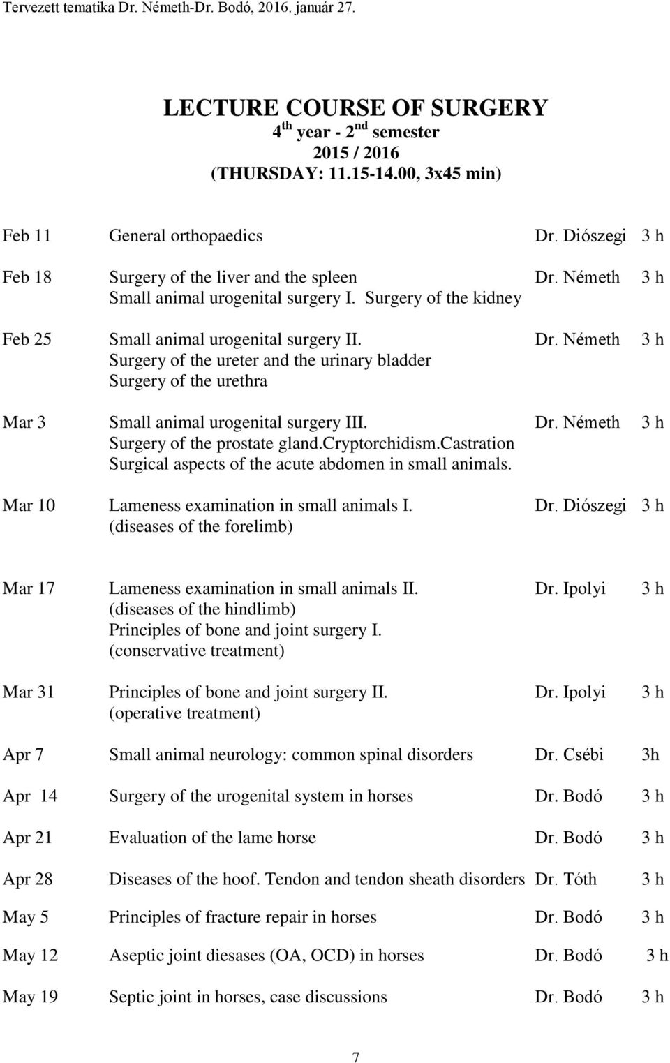 Németh 3 h Surgery of the ureter and the urinary bladder Surgery of the urethra Mar 3 Small animal urogenital surgery III. Dr. Németh 3 h Surgery of the prostate gland.cryptorchidism.