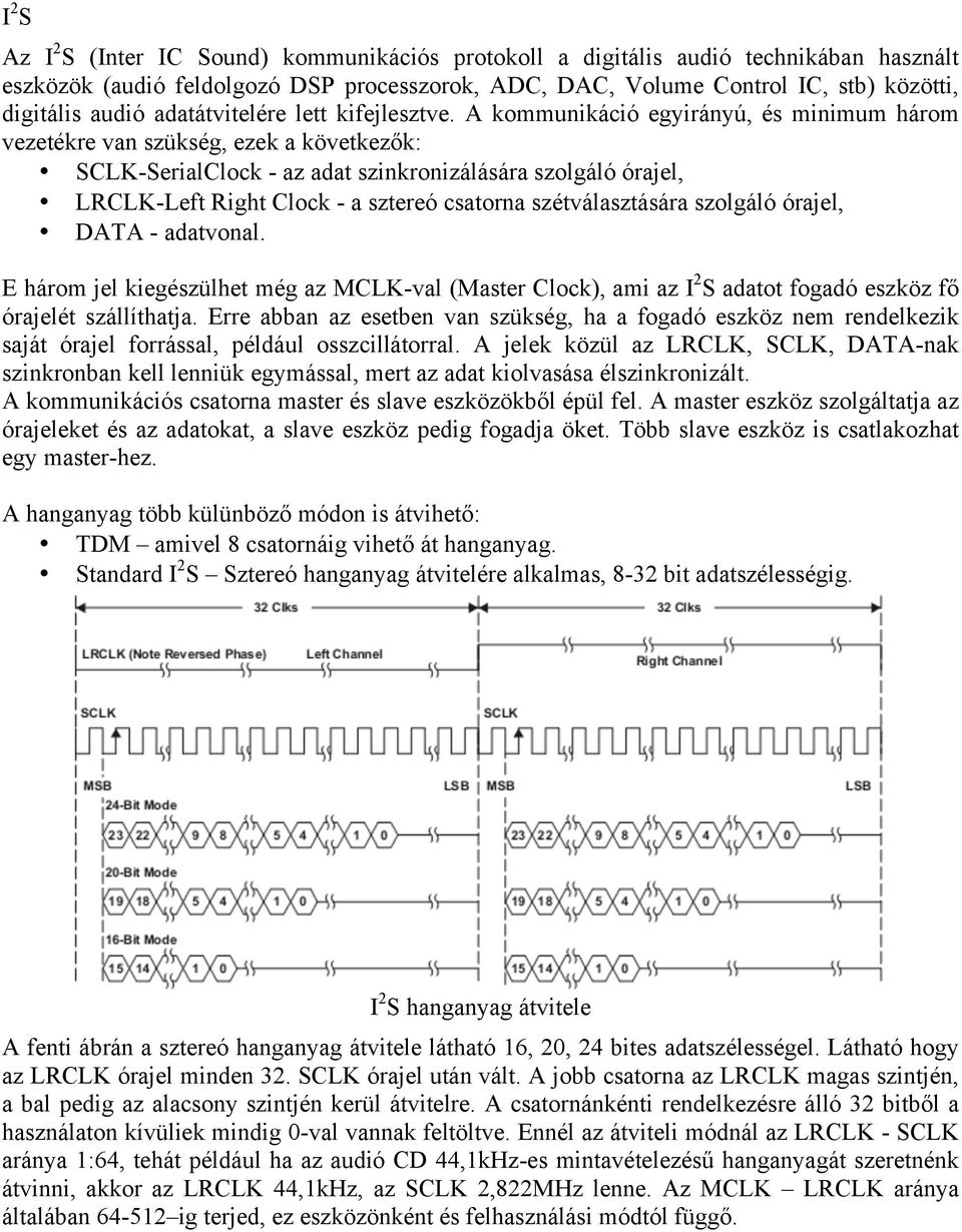 A kommunikáció egyirányú, és minimum három vezetékre van szükség, ezek a következők: SCLK-SerialClock - az adat szinkronizálására szolgáló órajel, LRCLK-Left Right Clock - a sztereó csatorna