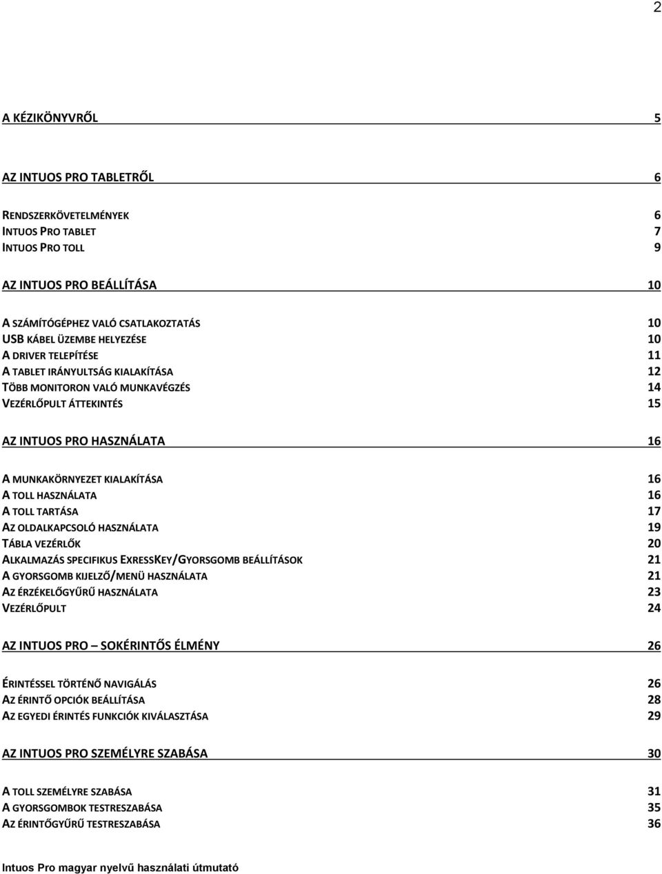 HASZNÁLATA 16 A TOLL TARTÁSA 17 AZ OLDALKAPCSOLÓ HASZNÁLATA 19 TÁBLA VEZÉRLŐK 20 ALKALMAZÁS SPECIFIKUS EXRESSKEY/GYORSGOMB BEÁLLÍTÁSOK 21 A GYORSGOMB KIJELZŐ/MENÜ HASZNÁLATA 21 AZ ÉRZÉKELŐGYŰRŰ