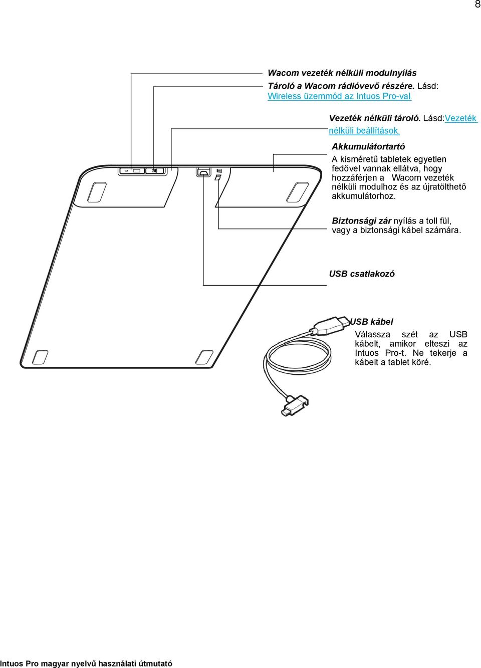 Akkumulátortartó A kisméretű tabletek egyetlen fedővel vannak ellátva, hogy hozzáférjen a Wacom vezeték nélküli modulhoz és az