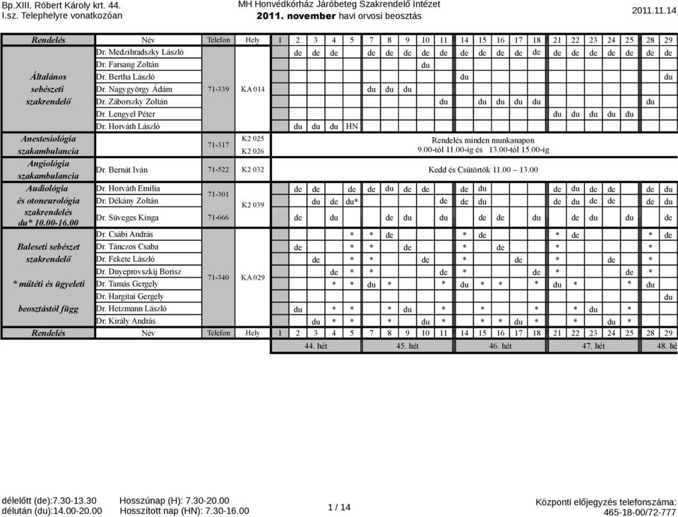 Horváth László HN Anestesiológia K2 025 Renlés minn munkanapon 71-317 szakambulancia K2 026 9.00-tól 11.00-ig és 13.00-tól 15.00-ig Angiológia szakambulancia Dr.