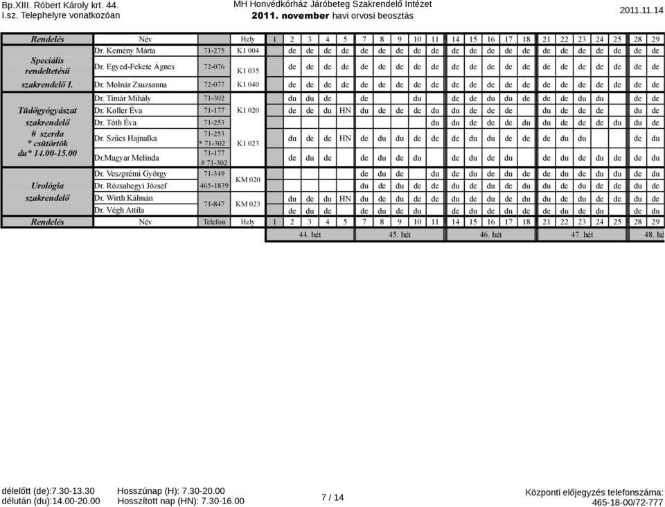 Tóth Éva 71-253 # szerda 71-253 Dr. Szűcs Hajnalka HN * csütörtök * 71-2 K1 023 * 14.00-15.00 71-177 Dr.Magyar Melinda # 71-2 Dr. Veszprémi György 71-349 KM 020 Urológia Dr.