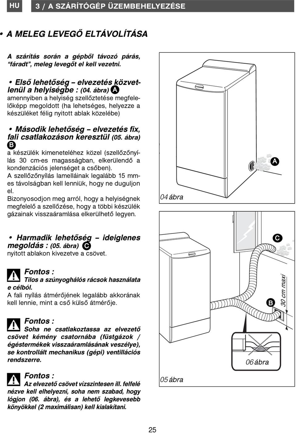 (05. ábra) B a készülék kimeneteléhez közel (szellőzőnyílás 30 cm-es magasságban, elkerülendő a kondenzációs jelenséget a csőben).