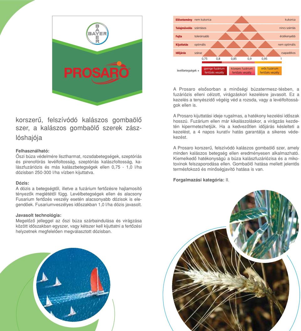 szeptóriás kalászfoltosság, kalászfuzáriózis és más kalászbetegségek ellen 0,75-1,0 l/ha dózisban 250-300 l/ha vízben kijuttatva.