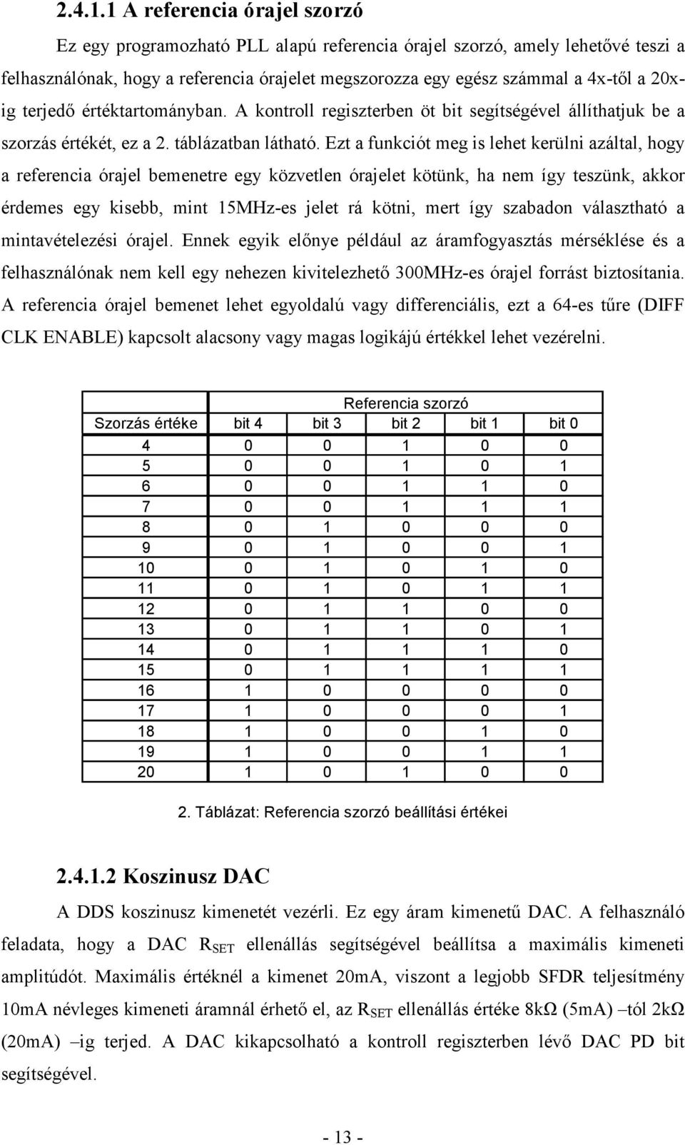 terjedő értéktartományban. A kontroll regiszterben öt bit segítségével állíthatjuk be a szorzás értékét, ez a 2. táblázatban látható.