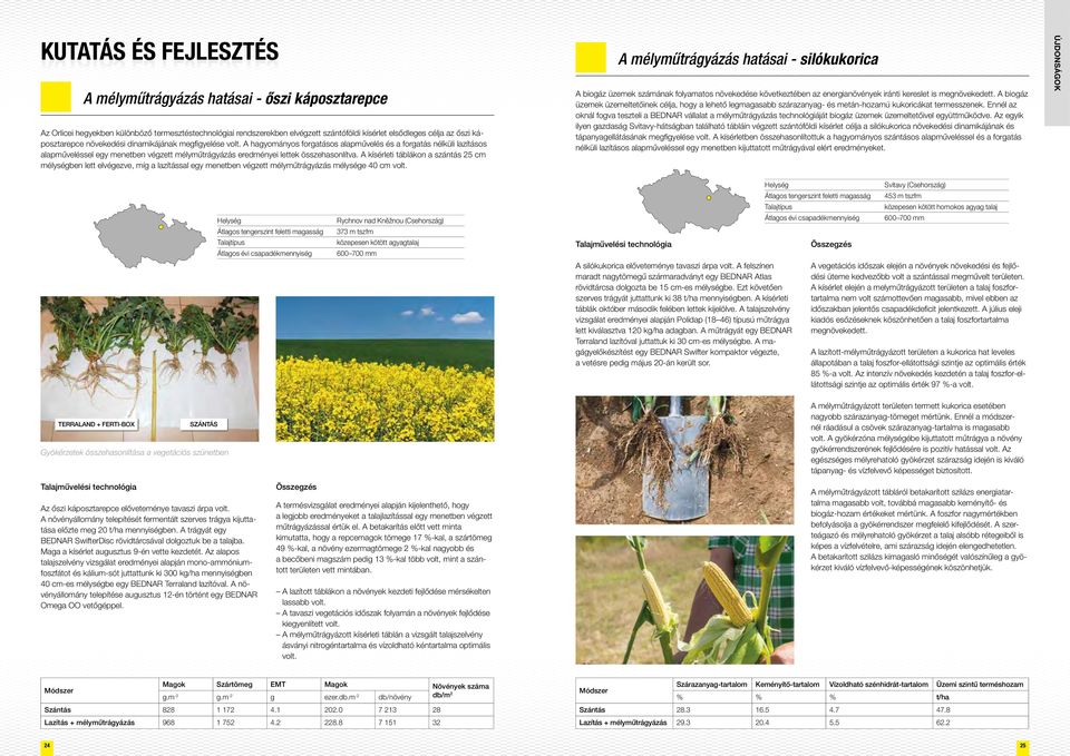 A hagyományos forgatásos alapművelés és a forgatás nélküli lazításos alapműveléssel egy menetben végzett mélyműtrágyázás eredményei lettek összehasonlítva.