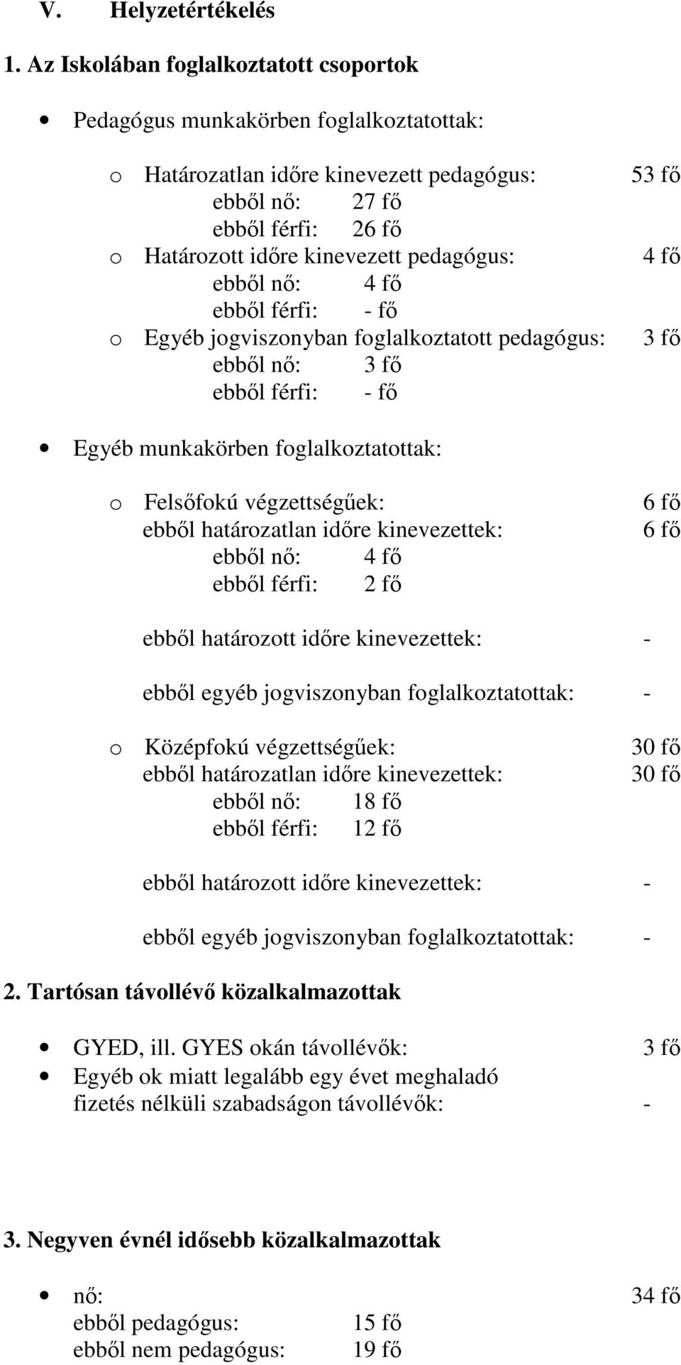 ebből nő: 4 fő ebből férfi: - fő o Egyéb jogviszonyban foglalkoztatott pedagógus: ebből nő: 3 fő ebből férfi: - fő 53 fő 4 fő 3 fő Egyéb munkakörben foglalkoztatottak: o Felsőfokú végzettségűek: