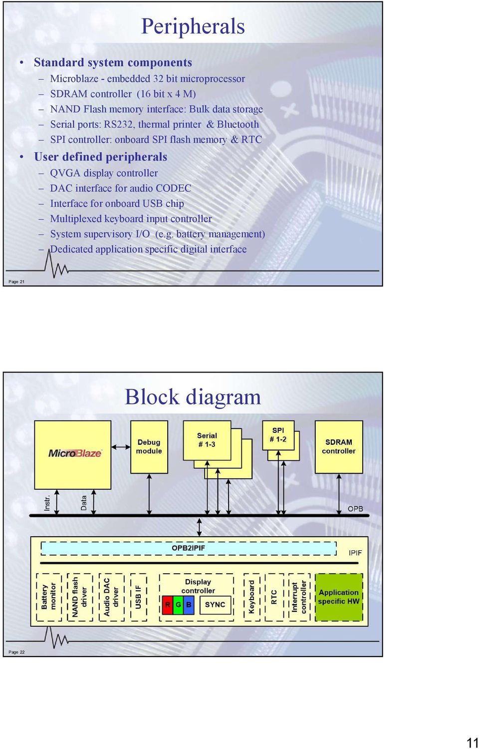 defined peripherals QVGA display controller DAC interface for audio CODEC Interface for onboard USB chip Multiplexed keyboard input