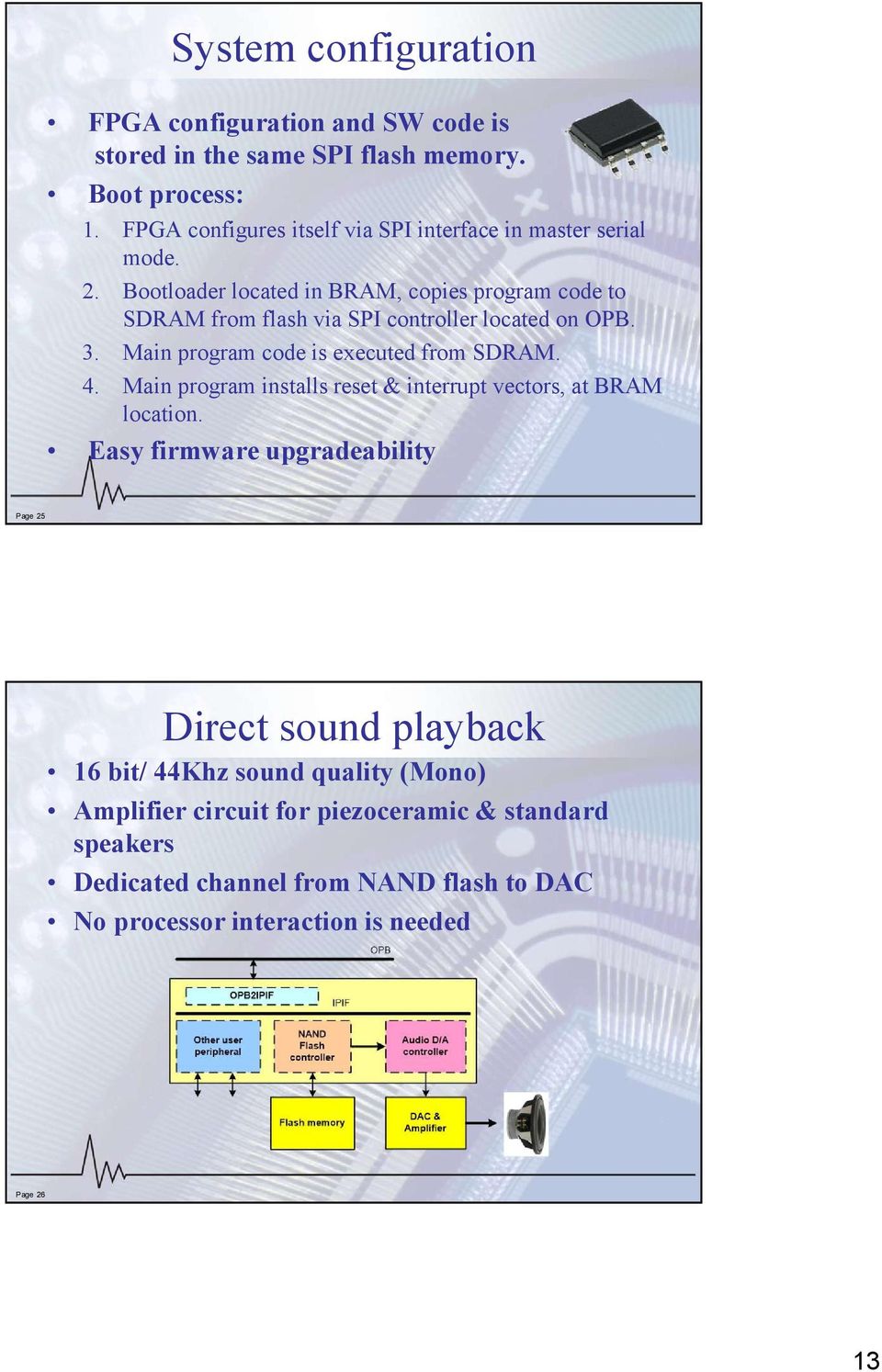 Bootloader located in BRAM, copies program code to SDRAM from flash via SPI controller located on OPB. 3. Main program code is executed from SDRAM. 4.