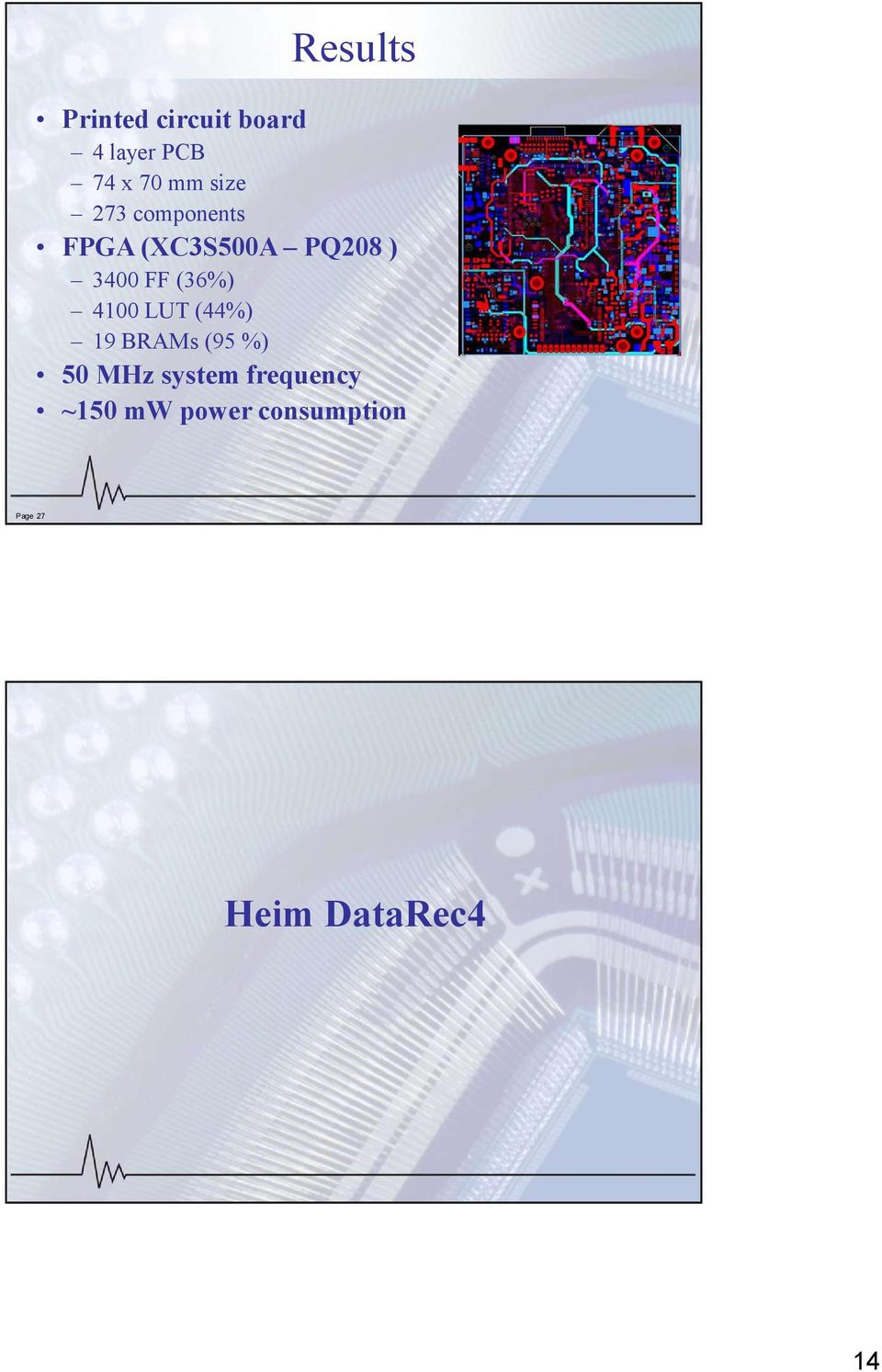 (36%) 4100 LUT (44%) 19 BRAMs (95 %) 50 MHz system