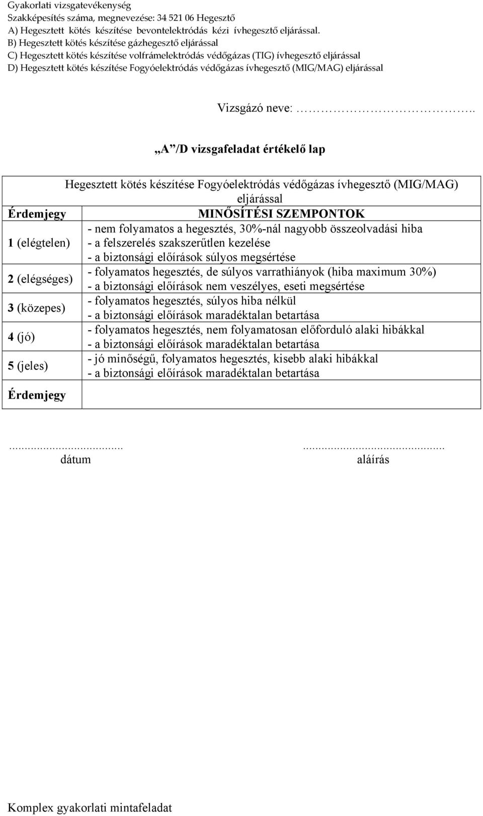 hegesztés, de súlyos varrathiányok (hiba maximum 30%) 2 (elégséges) - a biztonsági előírások nem veszélyes, eseti megsértése - folyamatos hegesztés, súlyos hiba