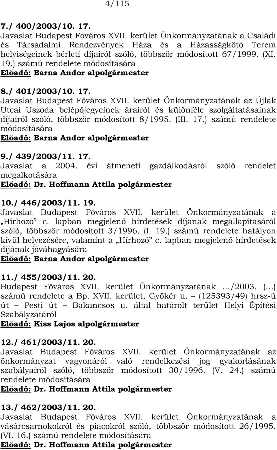 ) számú rendelete módosítására Előadó: Barna Andor alpolgármester 8./ 401/2003/10. 17. Javaslat Budapest Főváros XVII.