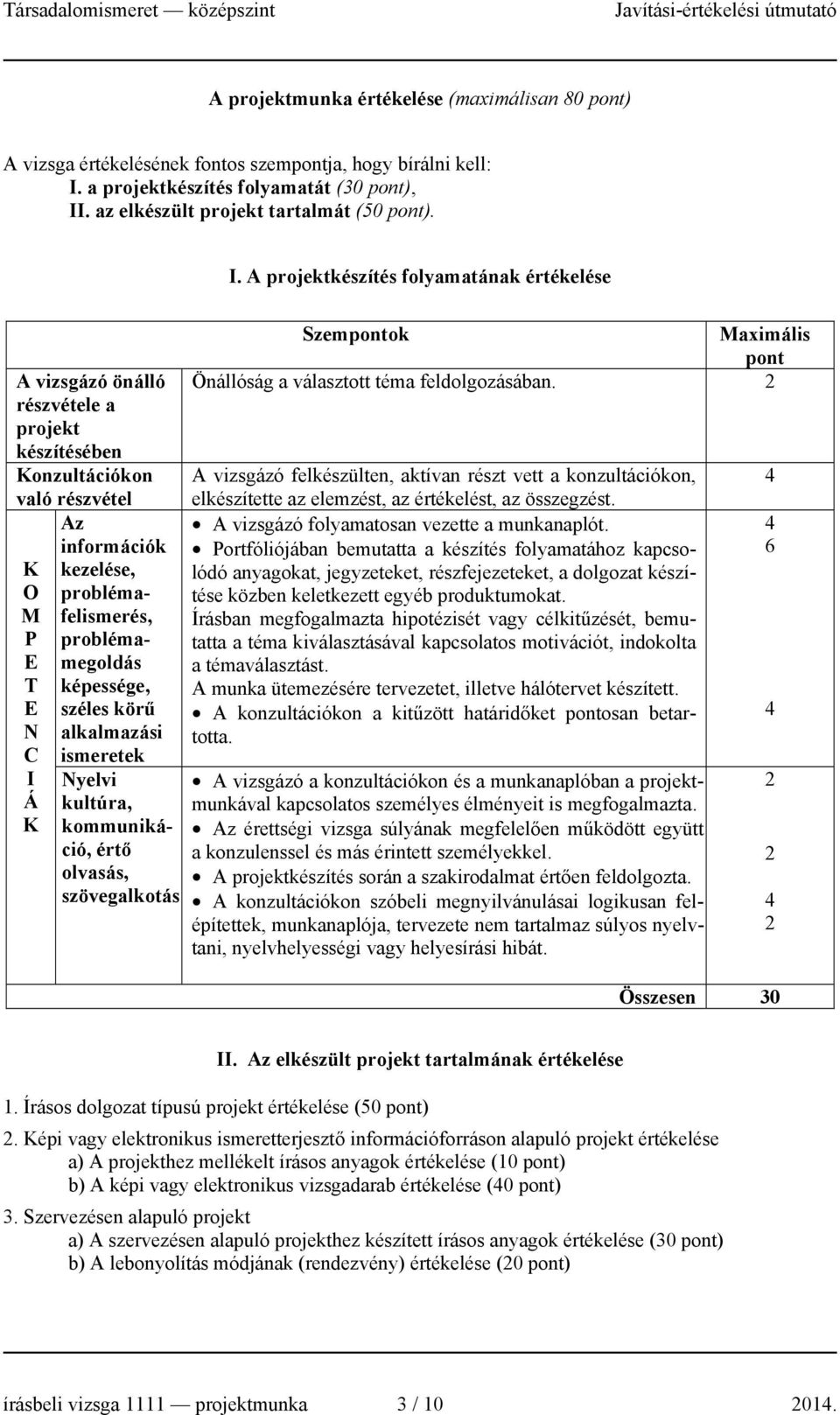 . az elkészült projekt tartalmát (50 pont). I.