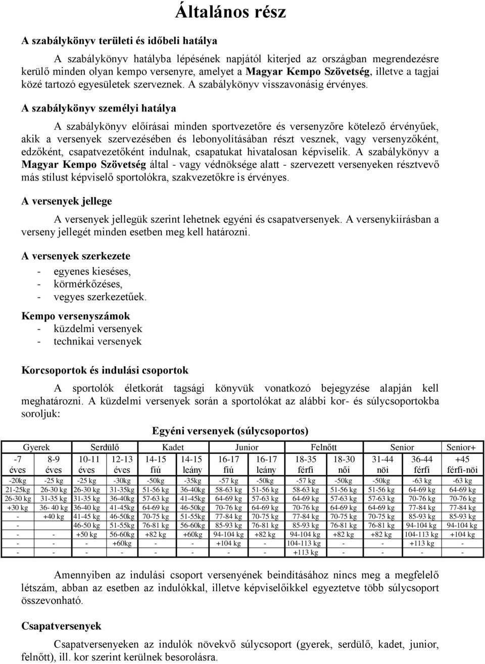 A szabálykönyv személyi hatálya A szabálykönyv előírásai minden sportvezetőre és versenyzőre kötelező érvényűek, akik a versenyek szervezésében és lebonyolításában részt vesznek, vagy versenyzőként,