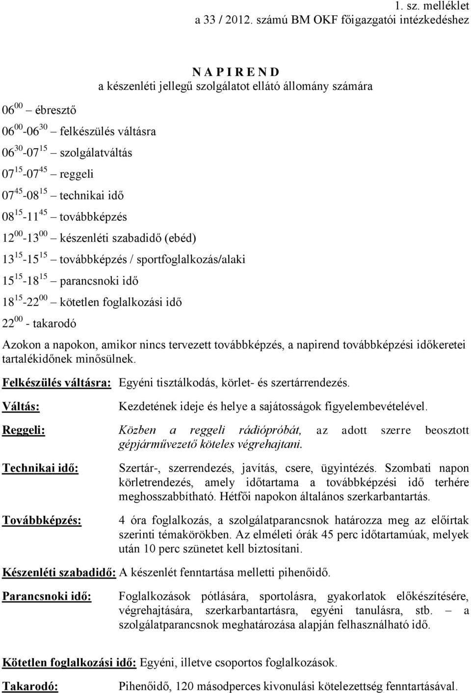 készenléti jellegű szolgálatot ellátó állomány számára 2 00-3 00 készenléti szabadidő (ebéd) 3 5-5 5 továbbképzés / sportfoglalkozás/alaki 5 5-8 5 parancsnoki idő 8 5-22 00 kötetlen foglalkozási idő