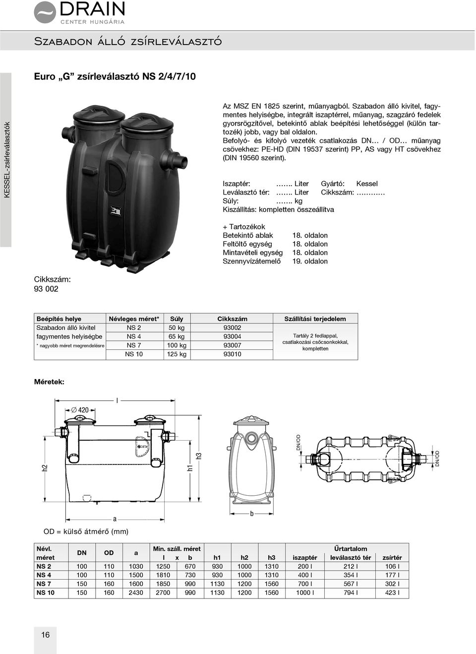 Befolyó- és kifolyó vezeték csatlakozás DN / OD mûanyag csövekhez: PE-HD (DIN 19537 szerint) PP, AS vagy HT csövekhez (DIN 19560 szerint). Iszaptér:. Liter Gyártó: Kessel Leválasztó tér:.
