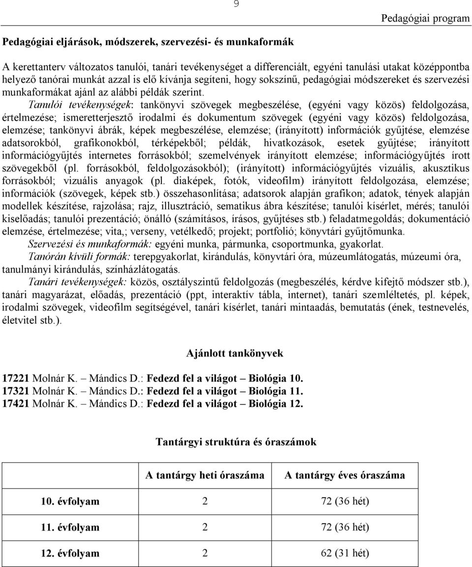 Tanulói tevékenységek: tankönyvi szövegek megbeszélése, (egyéni vagy közös) feldolgozása, értelmezése; ismeretterjesztő irodalmi és dokumentum szövegek (egyéni vagy közös) feldolgozása, elemzése;