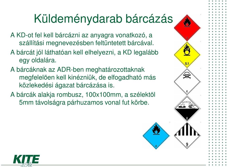 A bárcáknak az ADR-ben meghatározottaknak megfelelően kell kinézniük, de elfogadható más közlekedési