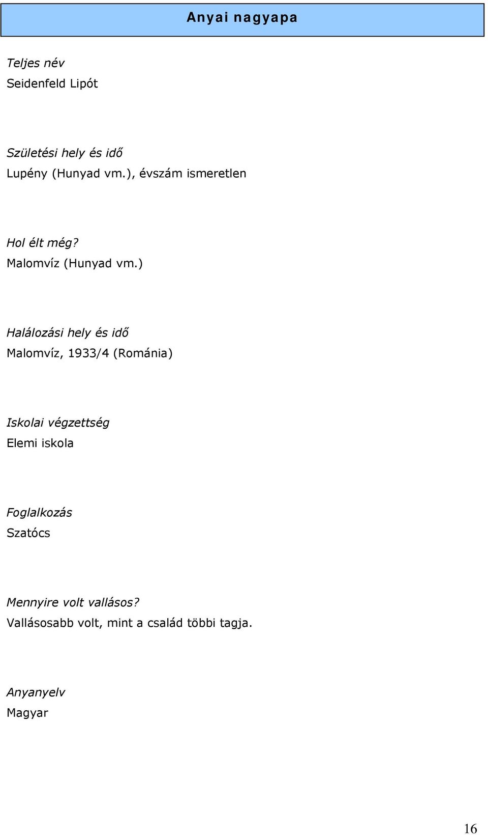 ) Halálozási hely és idő Malomvíz, 1933/4 (Románia) Iskolai végzettség Elemi
