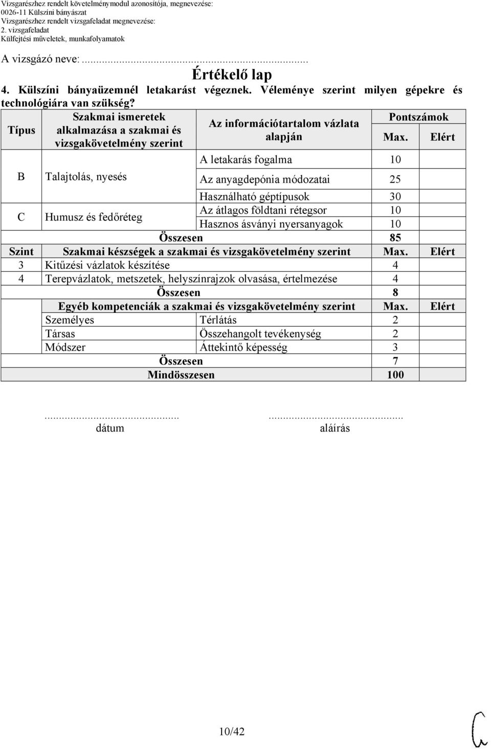 Elért A letakarás fogalma 10 B Talajtolás, nyesés Az anyagdepónia módozatai 25 Használható géptípusok 30 C Humusz és fedőréteg Az átlagos földtani rétegsor 10 Hasznos ásványi nyersanyagok 10 Összesen