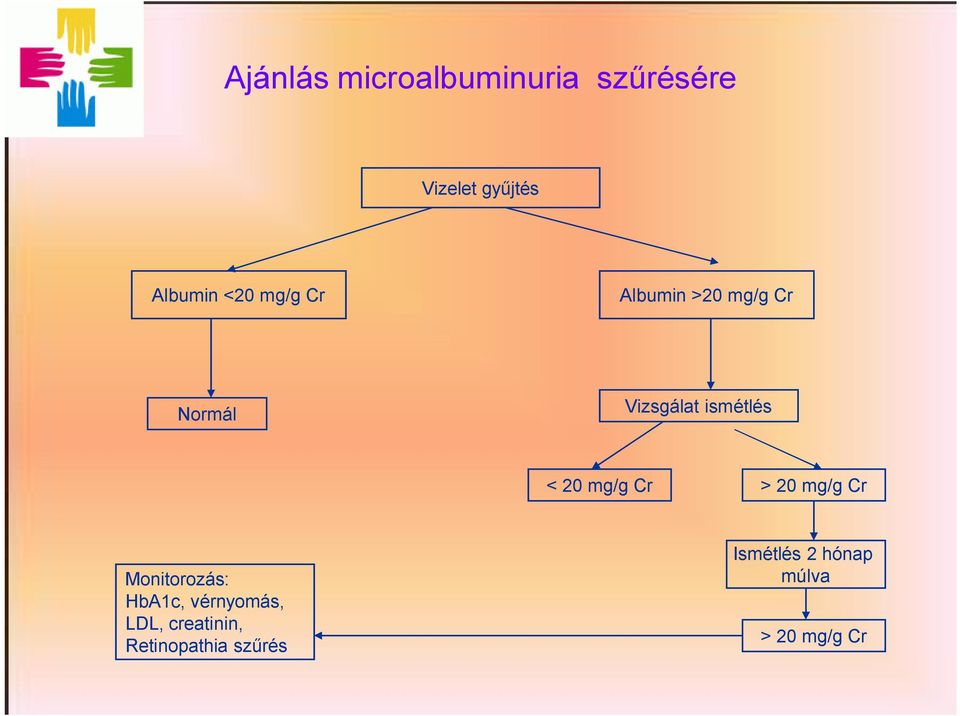 20 mg/g Cr > 20 mg/g Cr Monitorozás: HbA1c, vérnyomás, LDL,