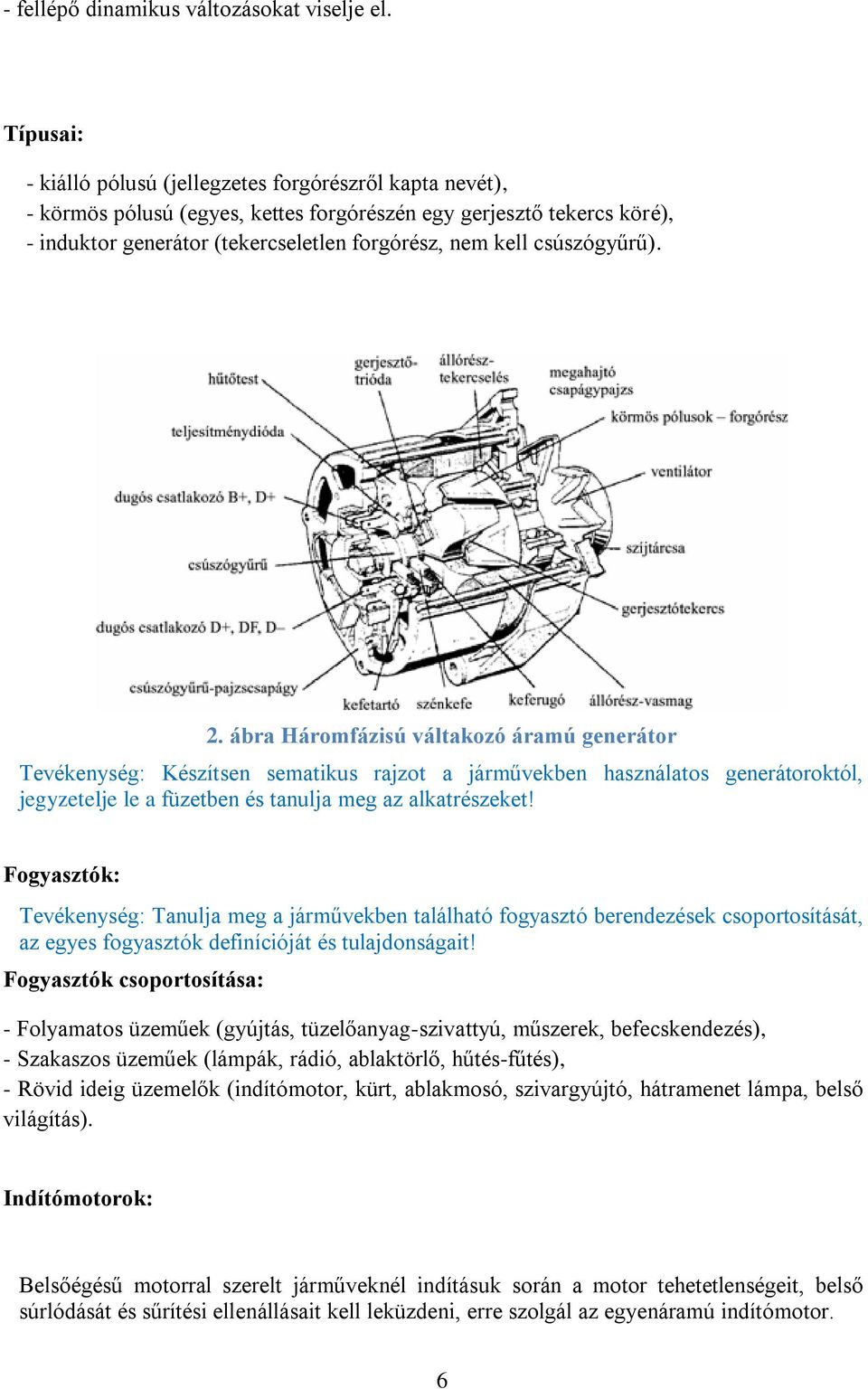 csúszógyűrű). 2. ábra Háromfázisú váltakozó áramú generátor Tevékenység: Készítsen sematikus rajzot a járművekben használatos generátoroktól, jegyzetelje le a füzetben és tanulja meg az alkatrészeket!