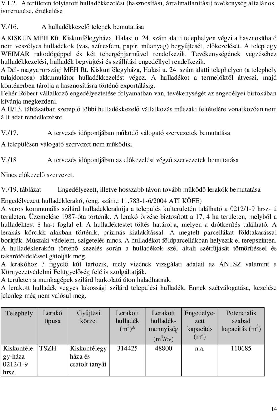 A telep egy WEIMAR rakodógéppel és két tehergépjárművel rendelkezik. Tevékenységének végzéséhez hulladékkezelési, hulladék begyűjtési és szállítási engedéllyel rendelkezik.