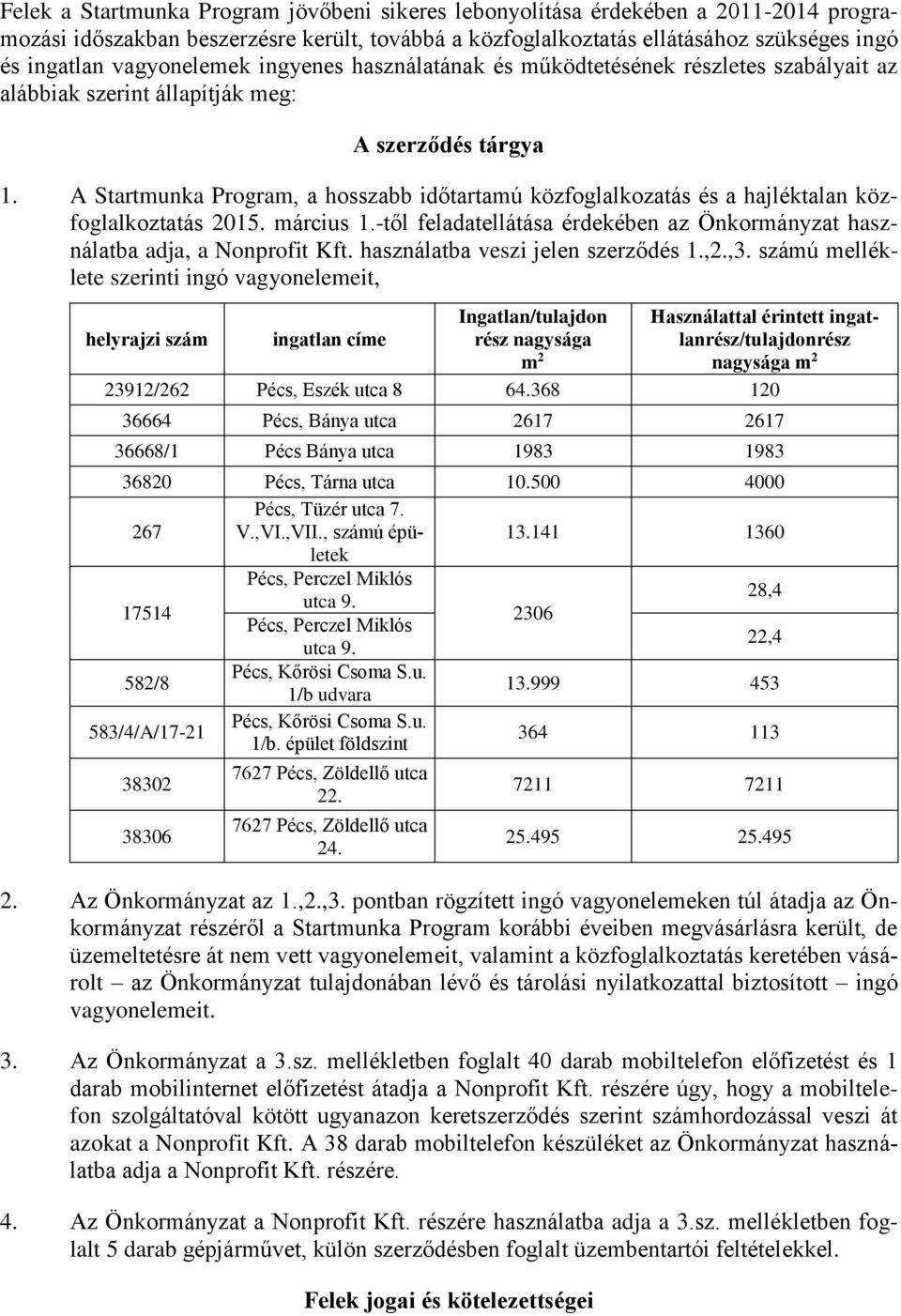 A Startmunka Program, a hosszabb időtartamú közfoglalkozatás és a hajléktalan közfoglalkoztatás 2015. március 1.-től feladatellátása érdekében az Önkormányzat használatba adja, a Nonprofit Kft.