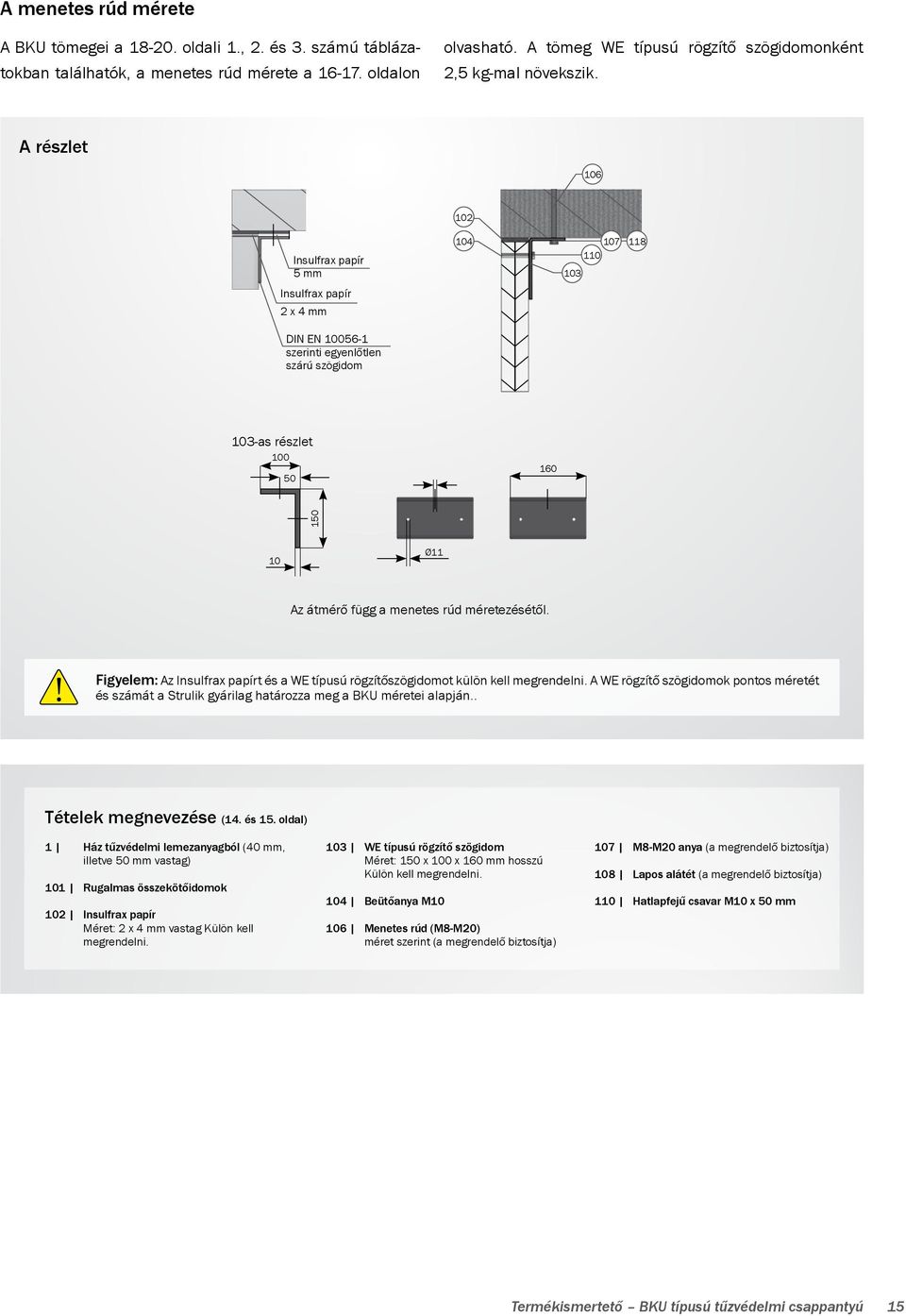 A részlet 106 102 Insulfrax papír 5 mm 104 103 107 110 118 Insulfrax papír 2 x 4 mm DIN EN 10056-1 szerinti egyenlőtlen szárú szögidom 103-as részlet 100 50 160 150 10 Ø11 Az átmérő függ a menetes