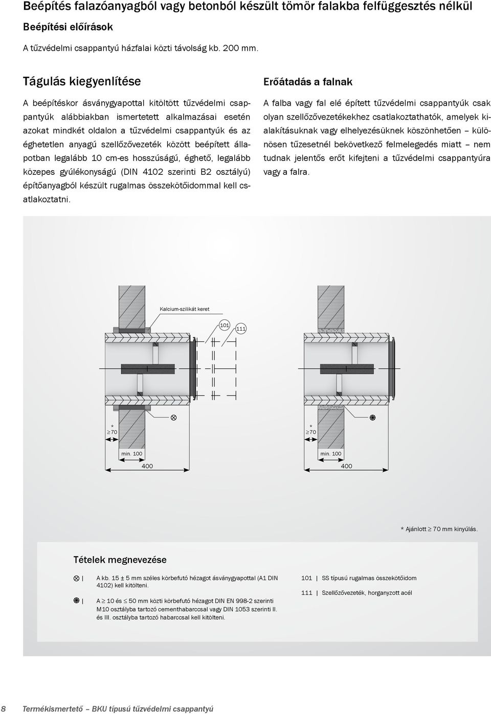 anyagú szellőzővezeték között beépített állapotban legalább 10 cm-es hosszúságú, éghető, legalább közepes gyúlékonyságú (DIN 4102 szerinti B2 osztályú) építőanyagból készült rugalmas összekötőidommal