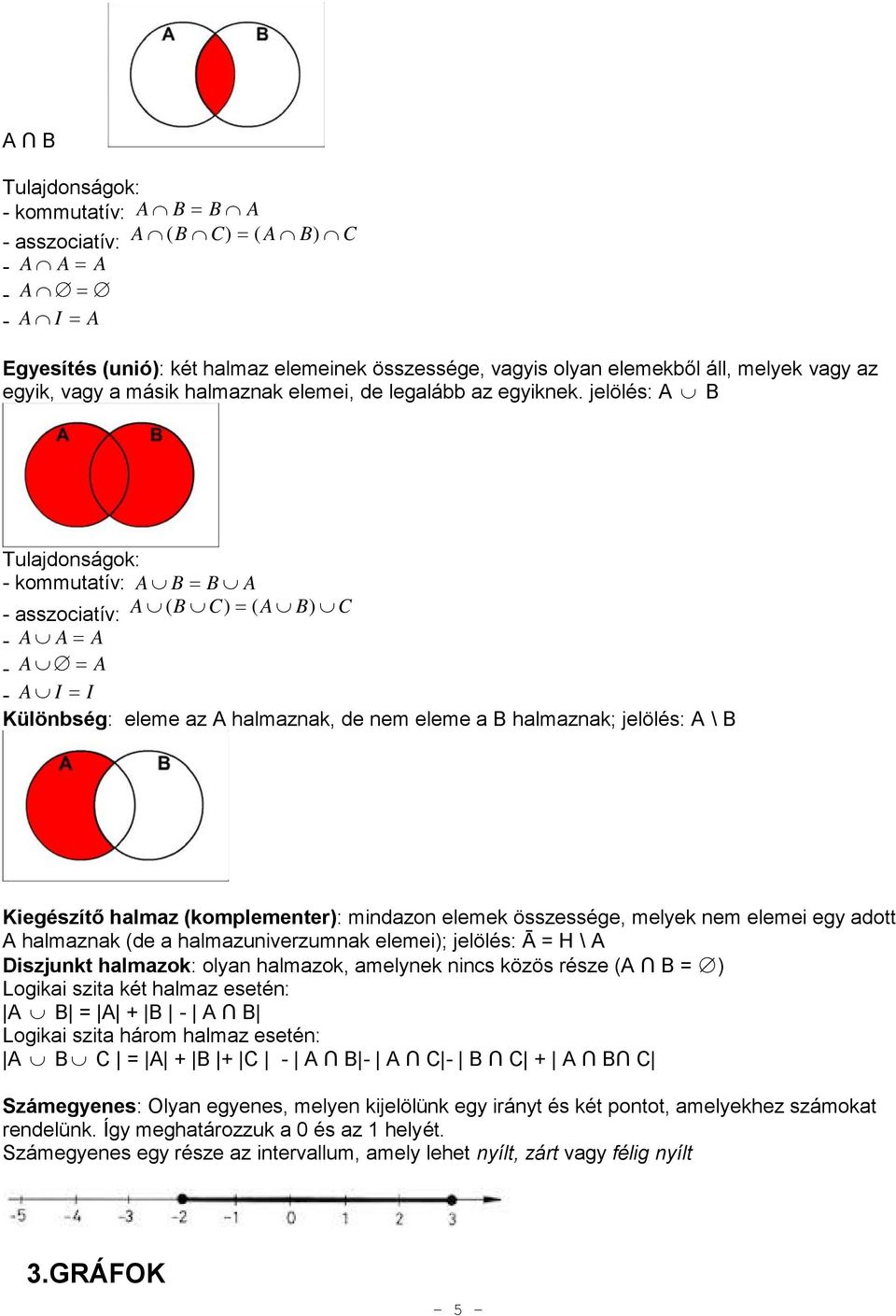 jelölés: A B Tulajdonságok: - kommutatív: A B B A - asszociatív: A ( B C ) ( A B ) C - A A A - A A - A I I Különbség: eleme az A halmaznak, de nem eleme a B halmaznak; jelölés: A \ B Kiegészítő