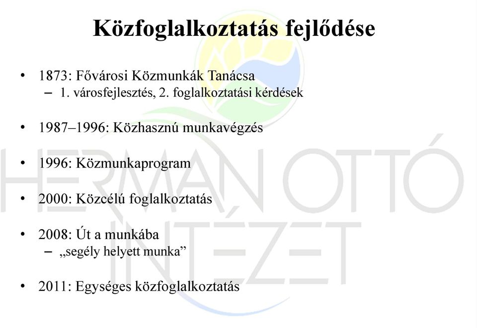 foglalkoztatási kérdések 1987 1996: Közhasznú munkavégzés 1996: