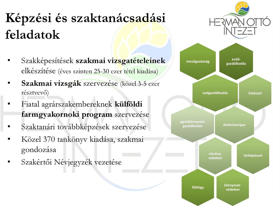 szervezése Szaktanári továbbképzések szervezése Közel 370 tankönyv kiadása, szakmai gondozása Szakértői Névjegyzék vezetése