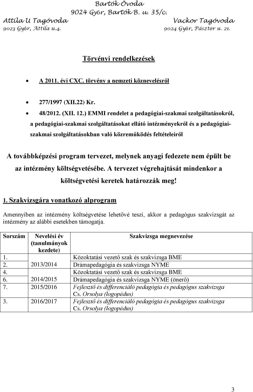 továbbképzési program tervezet, melynek anyagi fedezete nem épült be az intézmény költségvetésébe. A tervezet végrehajtását mindenkor a 1.