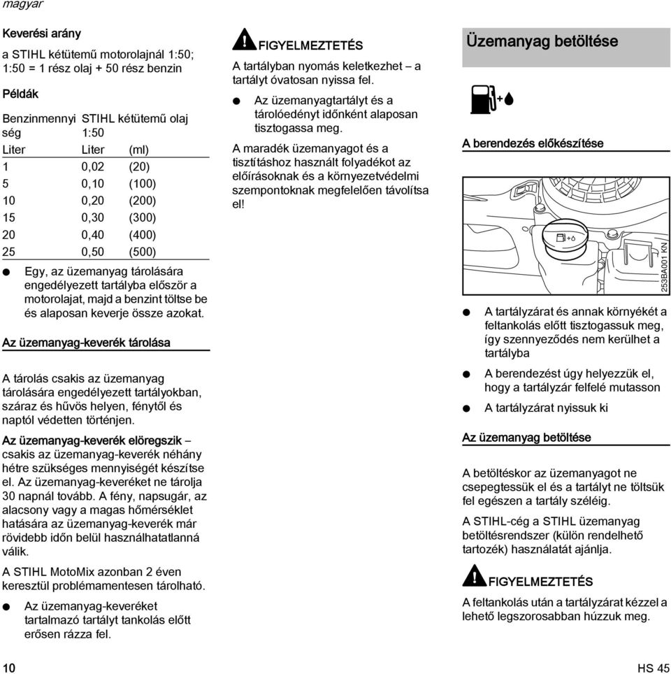 Az üzemanyag-keverék tárolása A tárolás csakis az üzemanyag tárolására engedélyezett tartályokban, száraz és hűvös helyen, fénytől és naptól védetten történjen.